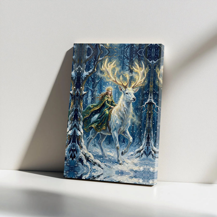 Fantasy Queen and Stag Canvas Print | Winter Forest Wall Art with Glowing Antlers | Premium Textured Digital Painting | Mythical Home Decor Gift