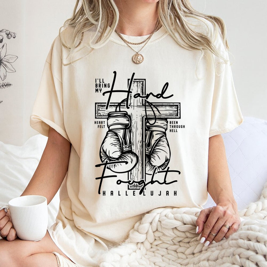 Hard Fought Hallelujah T-Shirt | Boxing Cross Religious Graphic | 100% Premium Cotton | Christian Faith Gift for Men and Women