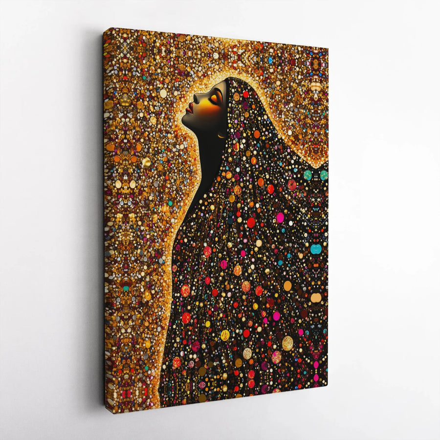 Black Woman Art Canvas | Golden Mosaic Aura Portrait | Premium Gallery-Wrapped Print | Modern Afrocentric Wall Decor for Living Room