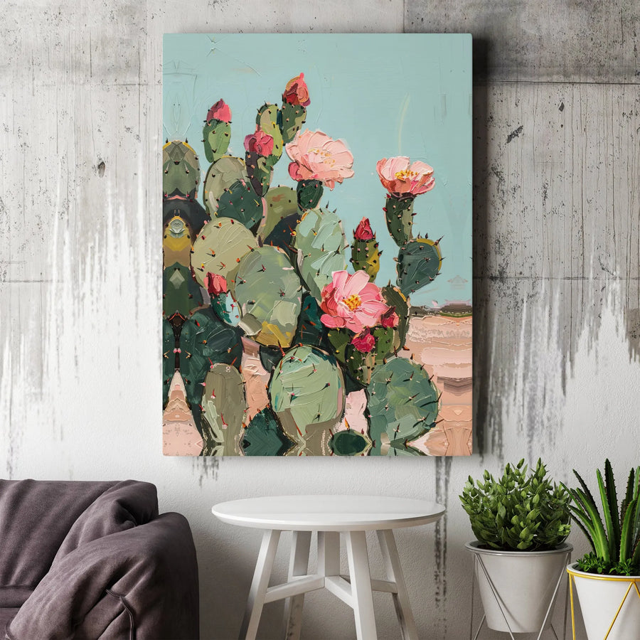 Blooming Prickly Pear Cactus Canvas | Impasto Floral Desert Art | 1.25-Inch Gallery Wrapped Wall Decor | Southwestern Botanical Home Gift