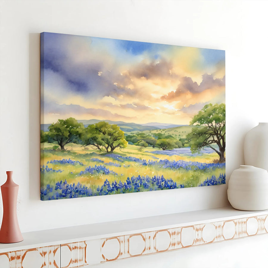 Texas Hill Country Landscape Canvas | Watercolor Bluebonnet Field Art | Premium Gallery Wrapped Decor | Nature Lover Living Room Gift