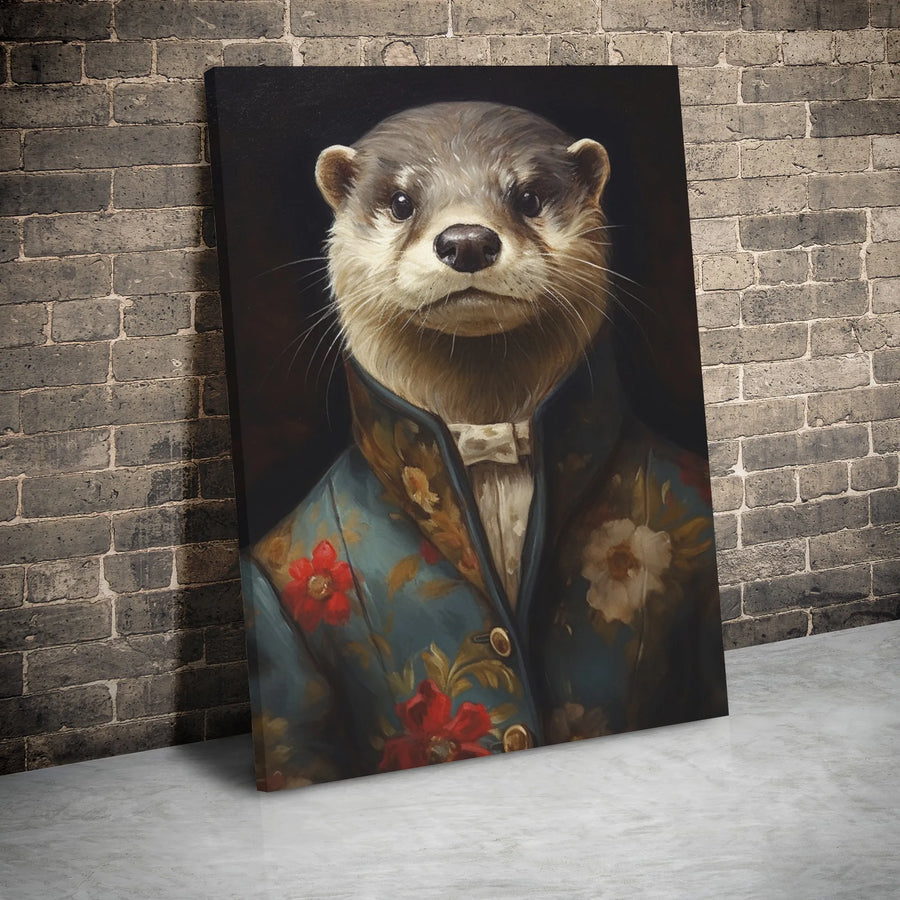 Dapper Otter Canvas Wall Art | Victorian Floral Suit Portrait | Premium Gallery Wrap Print | Quirky Animal Decor Gift for Office and Home