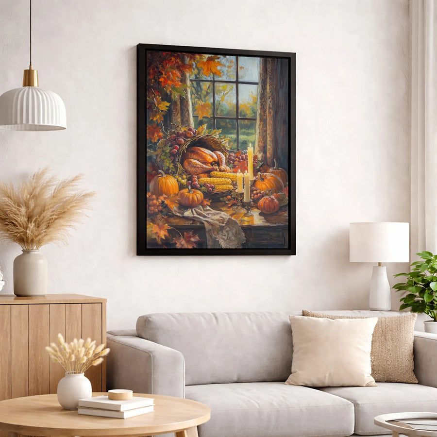 Thanksgiving Harvest Canvas Wall Art | Cornucopia Turkey Still Life Painting | Premium Gallery Wrap Decor | Holiday Dining Room Gift