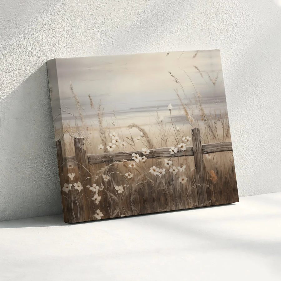 Rustic Wildflower Field Canvas Wall Art | Fenced Meadow Landscape | Premium Gallery-Wrapped Print | Farmhouse Home Decor Gift