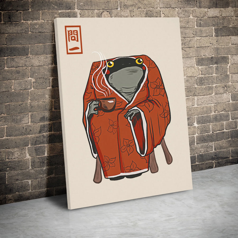 Japanese Frog Canvas Art | Red Floral Kimono Tea Illustration | Premium Gallery Wrap Wall Decor | Whimsical Zen Home Gift for Frog Lovers