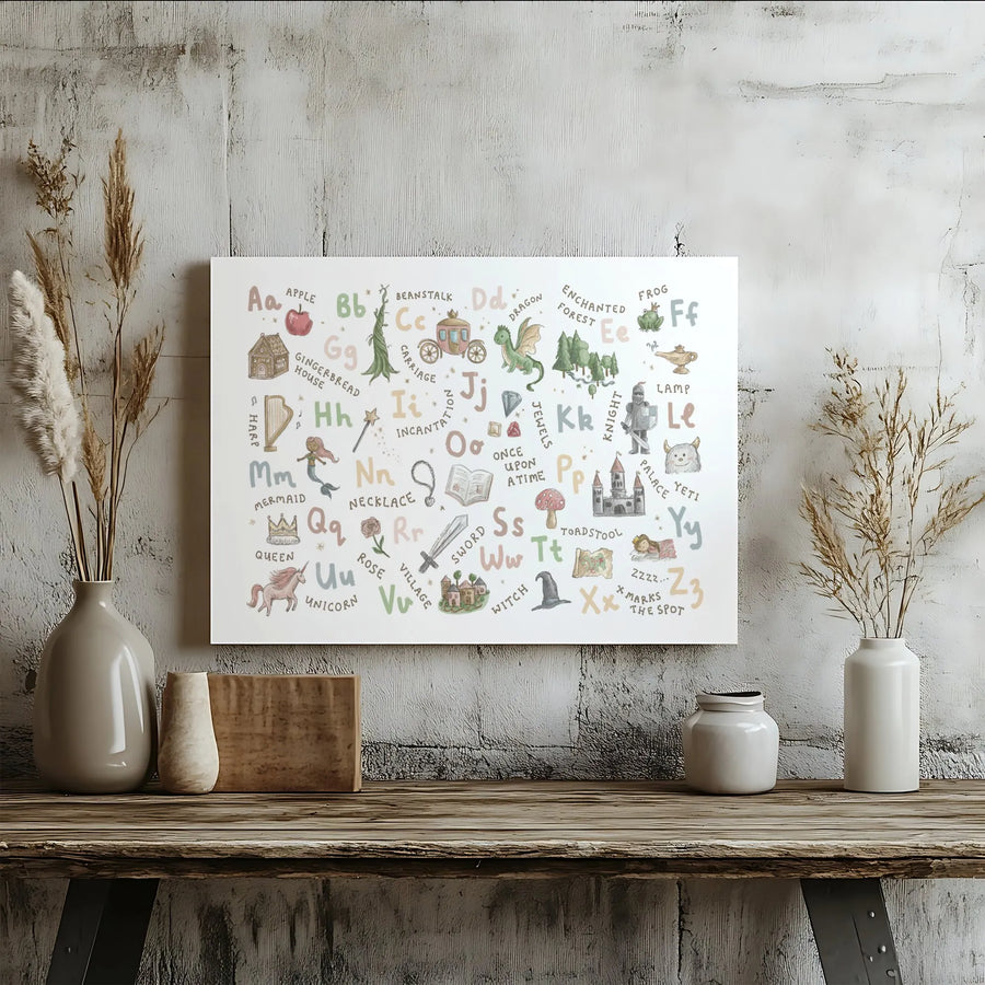 Fairy Tale Alphabet Canvas Art | Watercolor ABC Chart Print | High-Quality Gallery Wrap | Nursery Decor Educational Gift