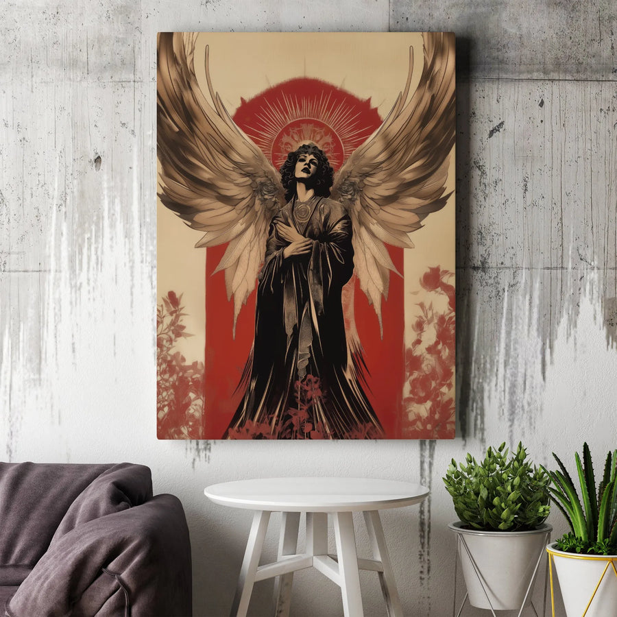 Gothic Angel Wall Art | Vintage Style Winged Figure Print | Premium Gallery Wrapped Canvas | Dark Fantasy Mythical Home Decor Gift