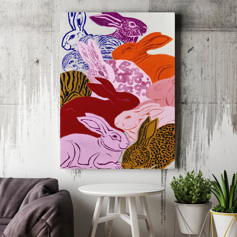 Colorful Rabbit Wall Art Canvas | Modern Pop Art Animal Print | Gallery-Quality 1.25 inch Thick | Unique Gift for Animal Lovers