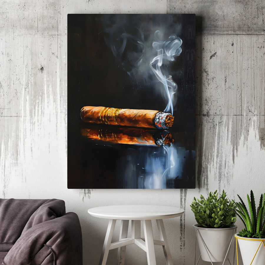 Smoking Cigar Wall Art | Oil Painting Style Cigar with Gold Band | Premium 1.25-Inch Canvas Print | Gift for Cigar Aficionado and Man Cave Decor