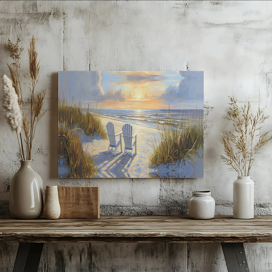 Coastal Beach Canvas Wall Art | Adirondack Chairs at Sunset Landscape | Gallery Quality Wrapped Print | Relaxing Home Decor Gift