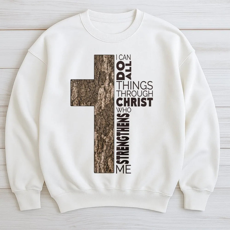 I Can Do All Things Through Christ Sweatshirt | Tree Bark Cross Graphic Design | Premium Cotton Blend | Faith-Based Religious Christian Gift for Men and Women