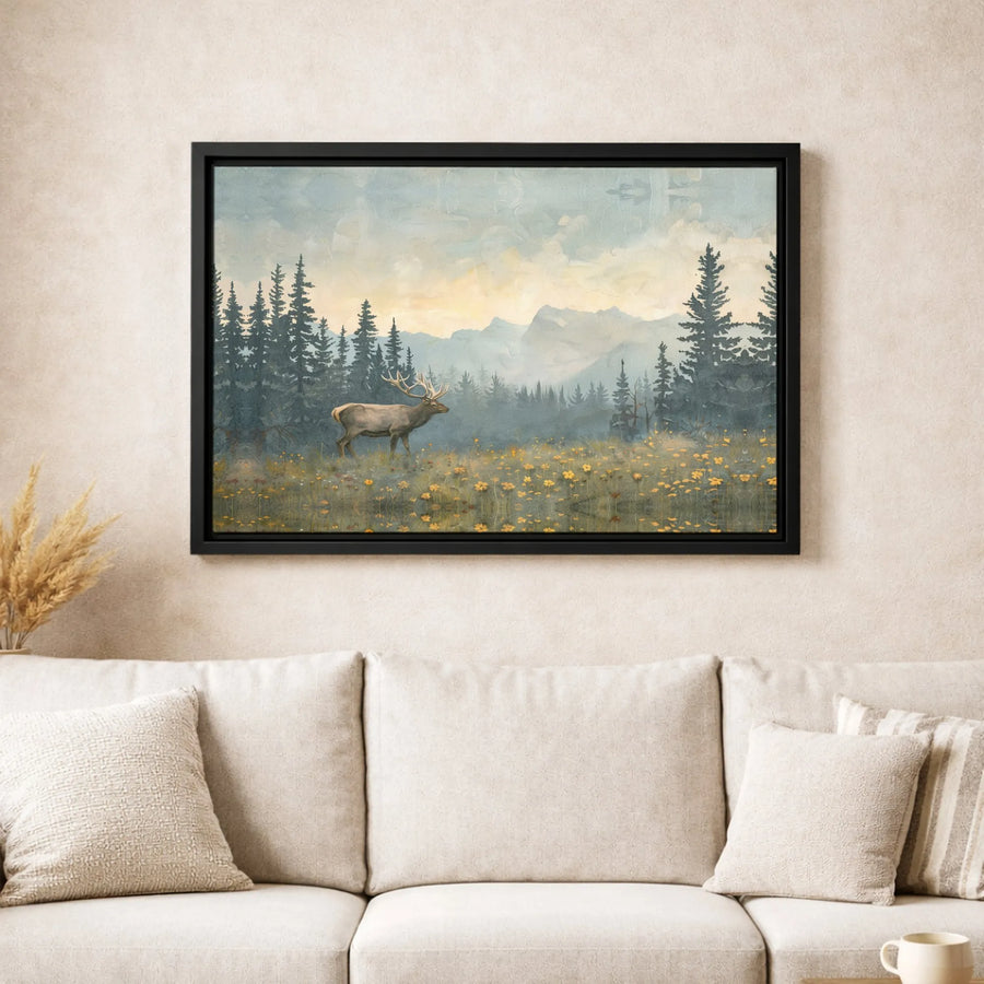 Elk Mountain Landscape Canvas | Foggy Forest Meadow Wall Art | Premium Gallery-Wrapped Print | Nature-Inspired Home Decor Gift