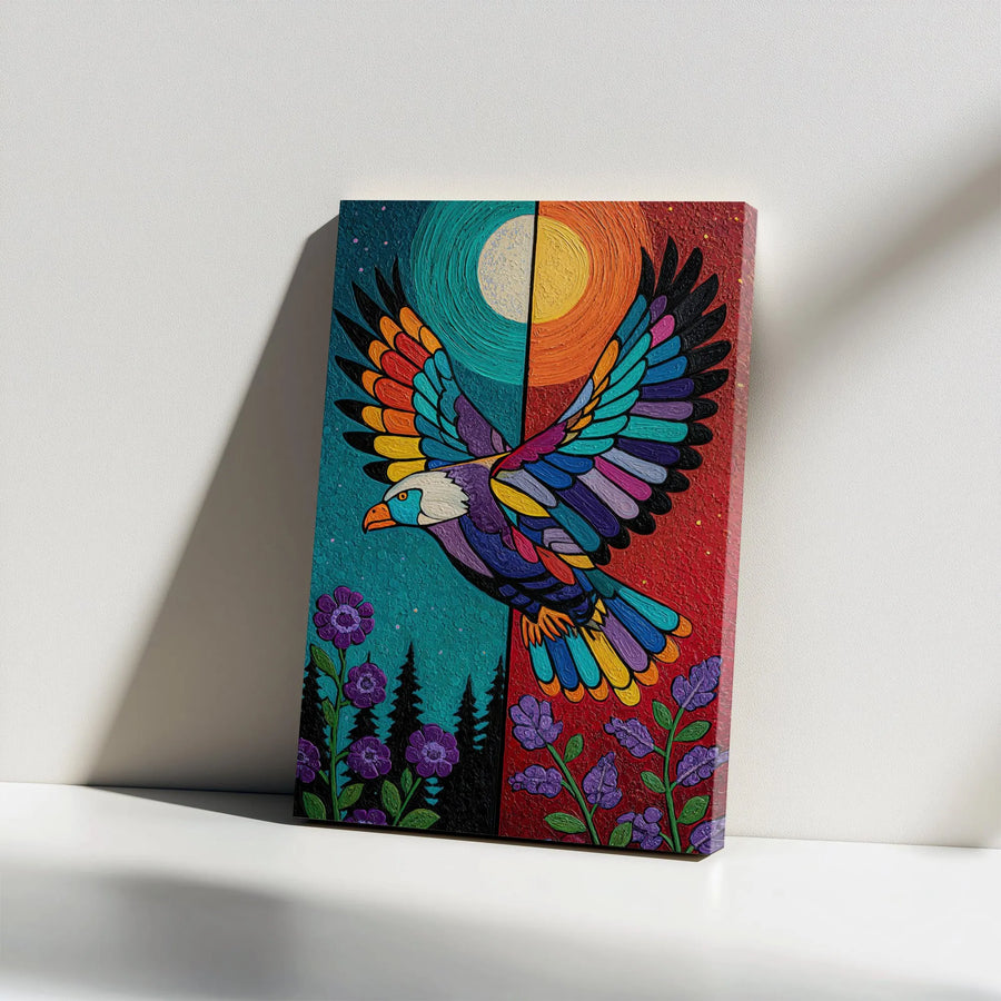 Abstract Eagle Canvas Wall Art | Colorful Day and Night Sun Moon Mosaic | Premium Gallery Wrapped Decor | Nature Lover Living Room Gift