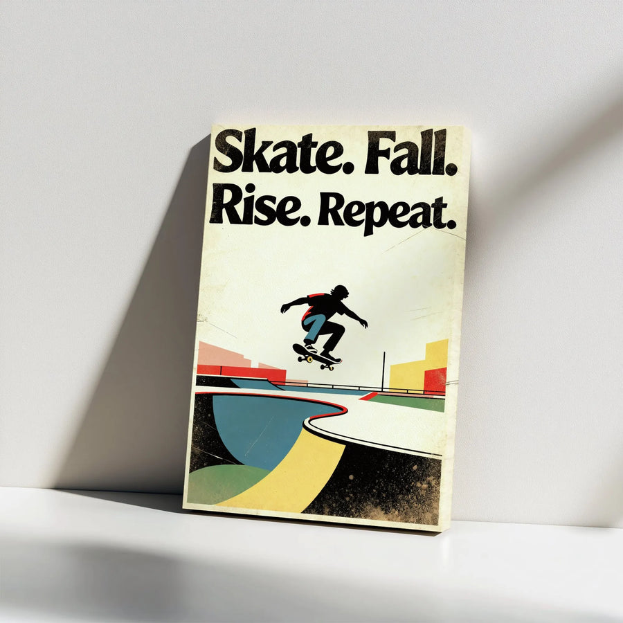 Skateboarding Motivational Vertical Canvas | Retro Skate Fall Rise Repeat Quote Art | Premium Thick Canvas Print | Gift for Skater, Teen Room Decor