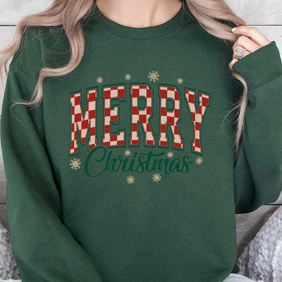 Merry Christmas Sweatshirt | Red Checkerboard Varsity Lettering | Cotton Blend Cozy Holiday Apparel | Cute Winter Gift for Her