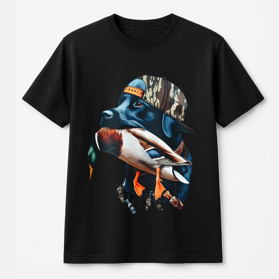 Hunting Dog T-Shirt | Lab with Mallard Duck Camo Hat Graphic | 100% Cotton Premium Apparel | Outdoor Gift for Hunters and Dog Lovers