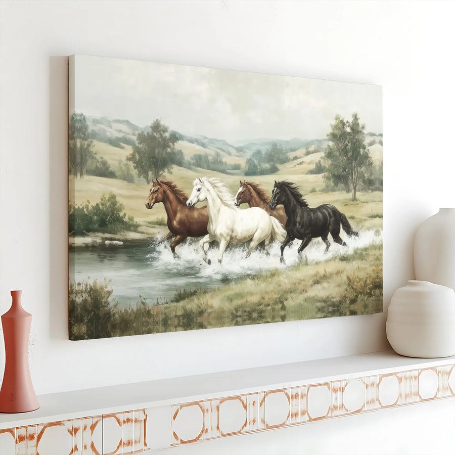 Four Horses Running Canvas Art | Majestic Equine River Landscape | Premium Gallery Wrap Print | Western Country Home Decor Gift