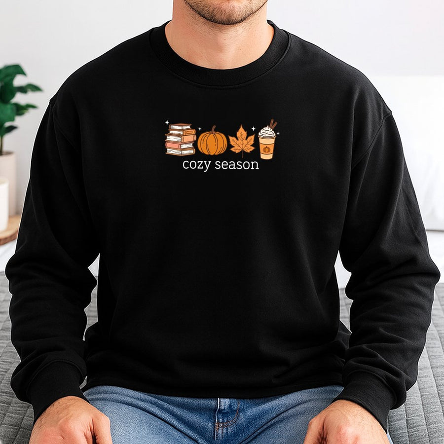 Cozy Season Sweatshirt | Pumpkin Spice Coffee Book Lover Graphic | Premium Cotton Blend | Fall Aesthetic Gift for Women