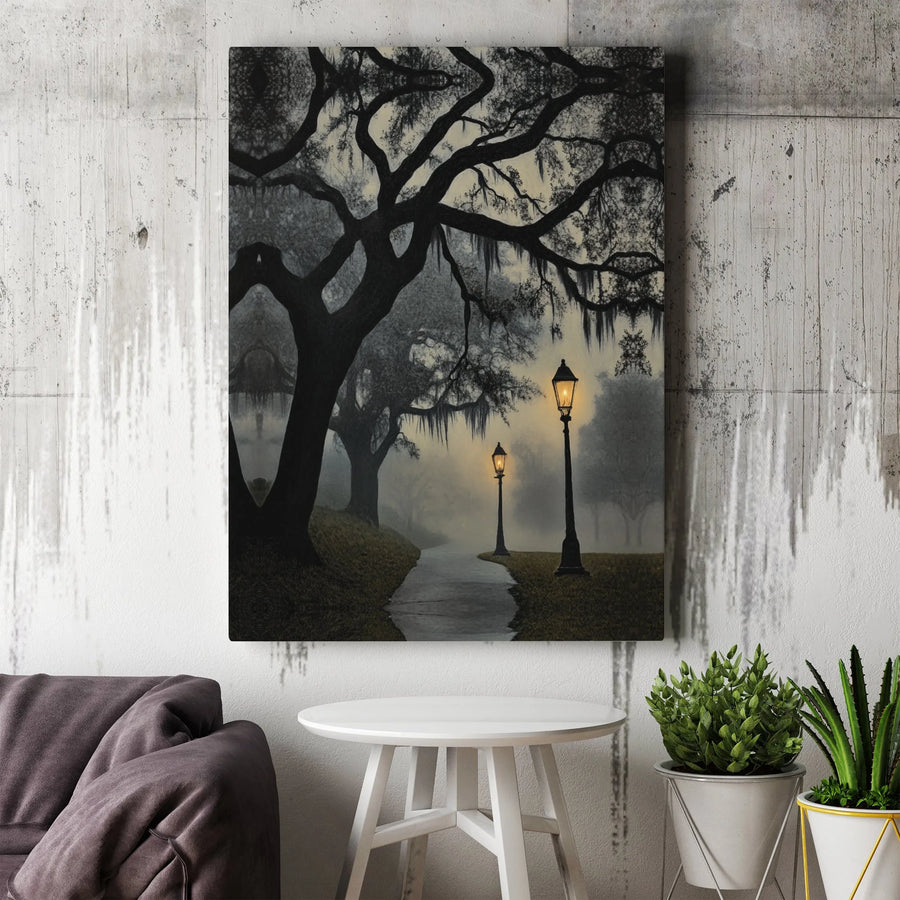 Foggy Oak Tree Wall Art | Moody Southern Gothic Landscape | 1.25-Inch Premium Gallery Canvas | Atmospheric Home & Office Decor