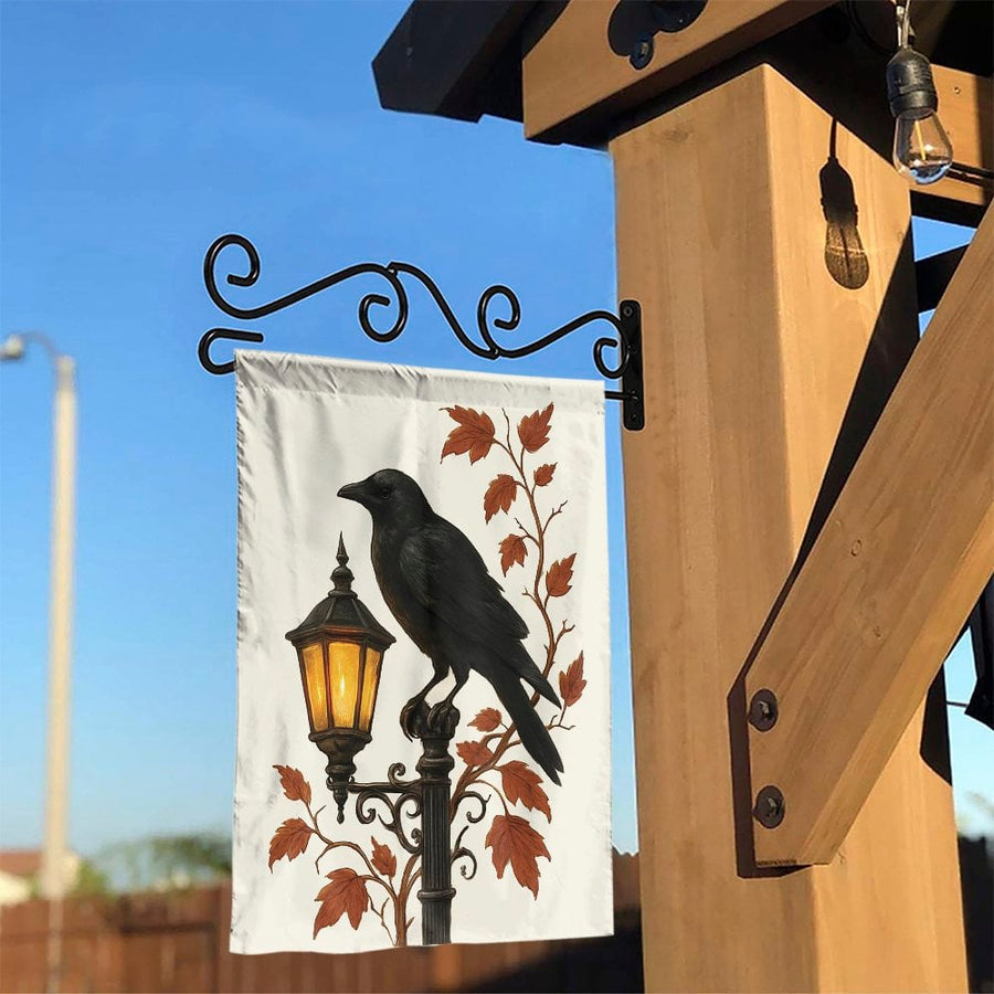 Crow Garden Flag | Raven On Vintage Lantern With Autumn Leaves | Weather-Resistant Polyester | Gothic Halloween Fall Yard Decor