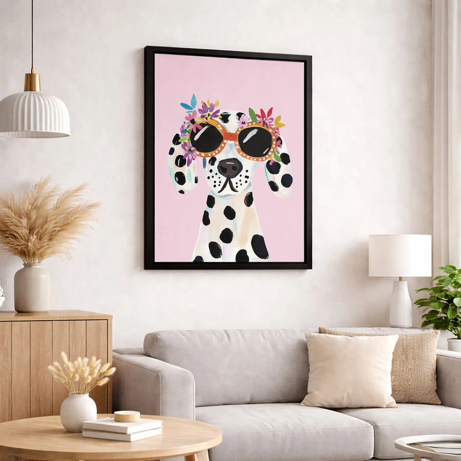 Dalmatian Dog Canvas Print | Whimsical Sunglasses Floral Crown Art | Premium Gallery-Wrapped Wall Decor | Gift for Dog Lovers