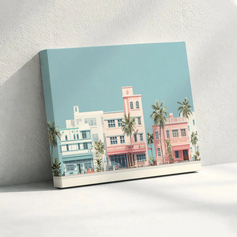 Miami Beach Art Deco Canvas Wall Art | Pastel Palm Tree Architecture Print | Premium Gallery Wrapped Decor | Modern Coastal Home Gift