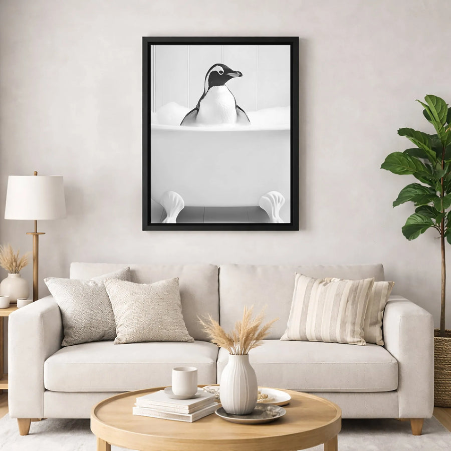 Penguin Bathing Canvas Art | Whimsical Animal in Clawfoot Tub | Gallery-Quality Premium Print | Modern Bathroom Wall Decor Gift
