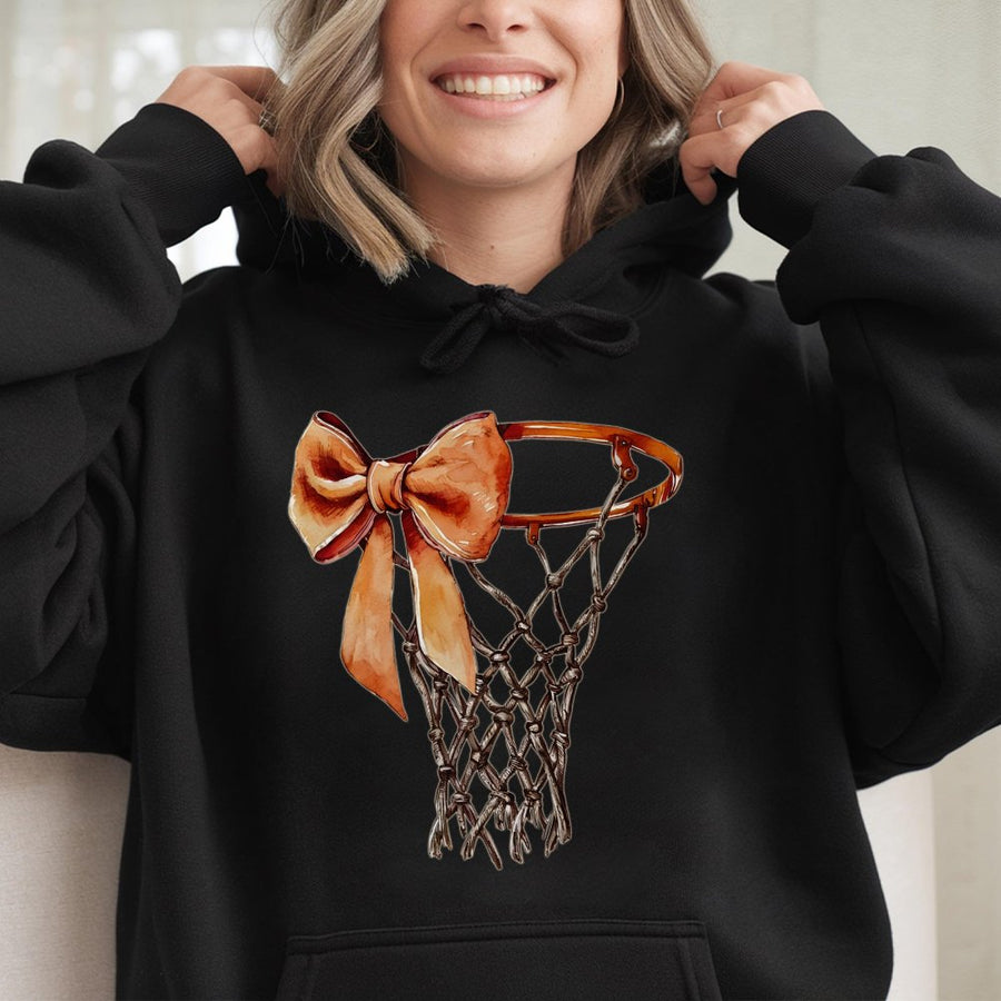 Coquette Basketball Hoodie | Aesthetic Bow Sports Graphic | Soft Cotton-Polyester Blend | Trendy Game Day Apparel for Basketball Mom & Fans