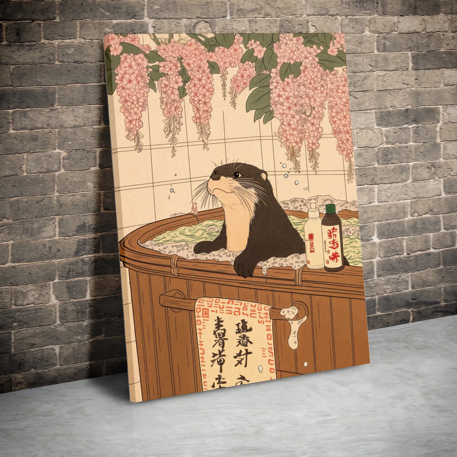 Japanese Otter Art Vertical Canvas | Ukiyo-e Style Otter in Onsen Bath | Premium Gallery Wrapped Canvas | Funny Bathroom Wall Art Gift for Animal Lover