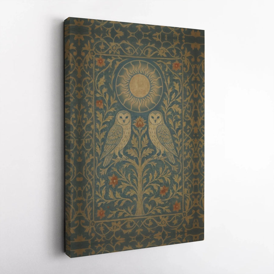 Vintage Owl Canvas Print | Mystical Owls and Sun Illustration | Premium Gallery Canvas | Dark Academia Home Decor Gift