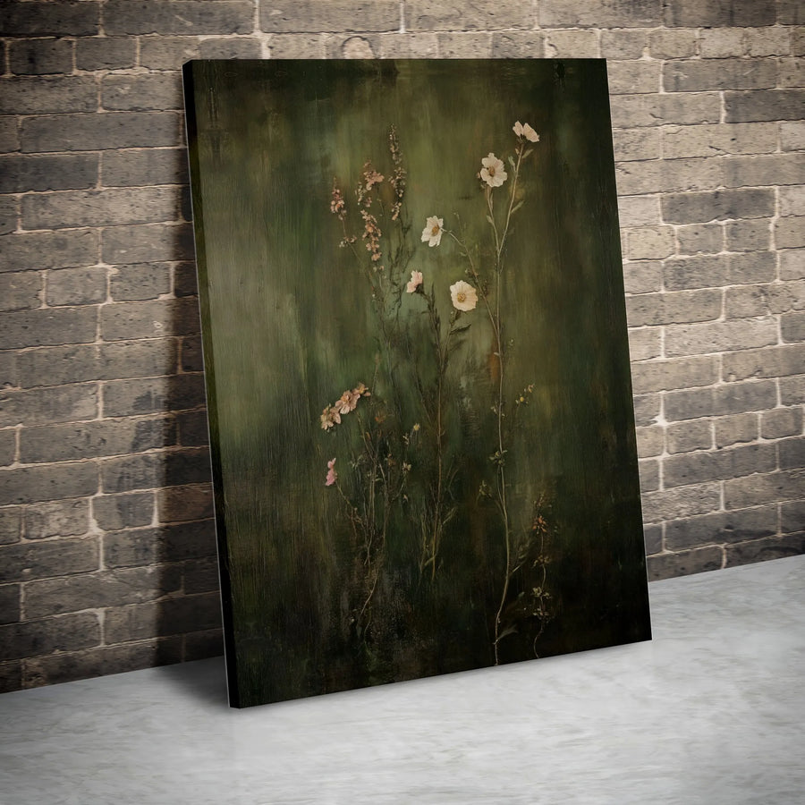 Moody Dark Floral Wall Art | Vintage Wildflower Oil Painting Canvas | Premium Gallery Wrap Decor | Botanical Gift for Home Office
