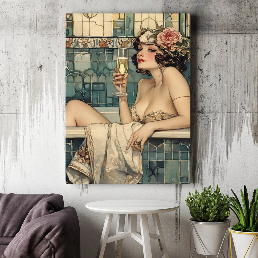 Art Deco Woman Bathing Canvas Print | Champagne Soaking Elegant Lady | Premium 1.25" Gallery Wrap | Vintage Home Decor Wall Art Gift