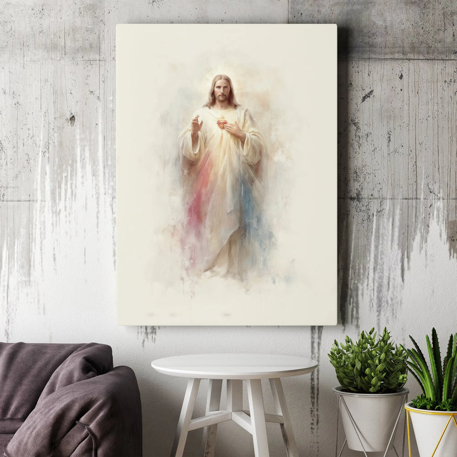 Divine Mercy Canvas Print | Sacred Heart Jesus Watercolor Wall Art | Premium 1.25-Inch Gallery Wrap | Religious Christian Home Decor Gift