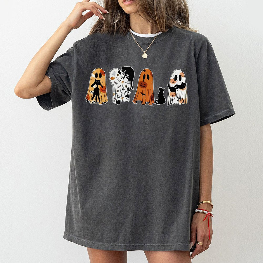 Halloween Ghost Cat T-Shirt | Cute Spooky Pumpkin Kittens Graphic | Soft 100% Cotton Premium Tee | Unisex Autumn Gift for Cat Lovers