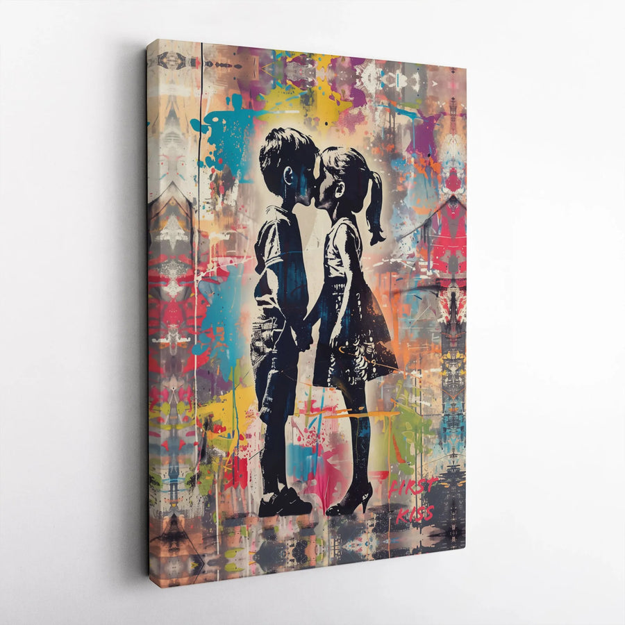 First Kiss Canvas Wall Art | Urban Abstract Couple Graffiti Print | Premium 1.25-Inch Gallery Wrap | Romantic Home Decor Gift