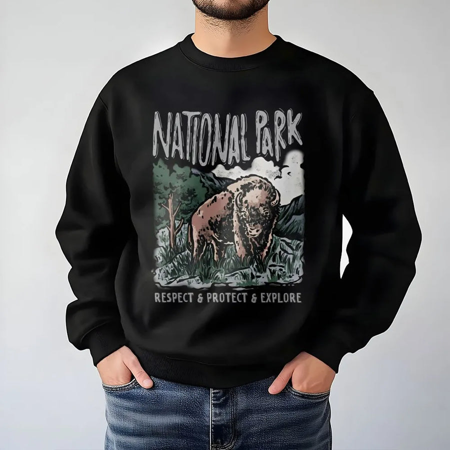 Bison National Park Sweatshirt | Vintage Graphic Nature Design | Premium Cotton Blend | Unisex Adventure Gift for Hikers and Nature Lovers