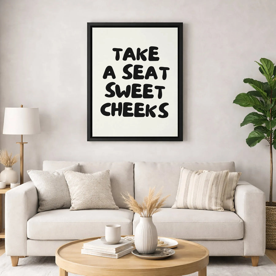 Take A Seat Sweet Cheeks Wall Art | Modern Typography Bathroom Sign | Premium Gallery Wrap Canvas | Funny Home Decor Gift For Powder Room