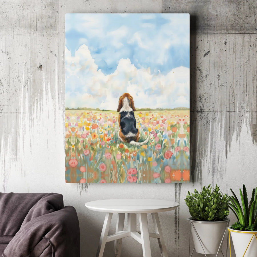 Beagle Dog Canvas Wall Art | Watercolor Wildflower Meadow Painting | Premium Gallery Wrapped Decor | Gift For Dog Lovers