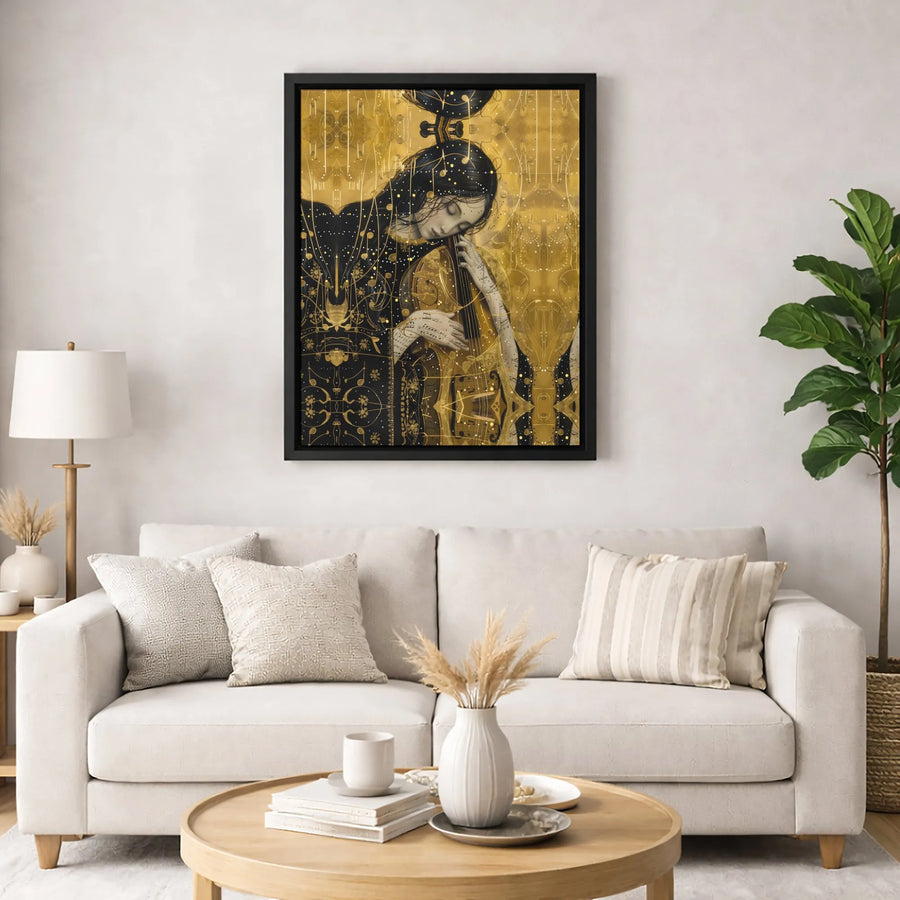 Woman Playing Cello Canvas Art | Gold Musical Note Wall Decor | Premium Fade-Resistant Gallery Print | Elegant Gift for Musicians