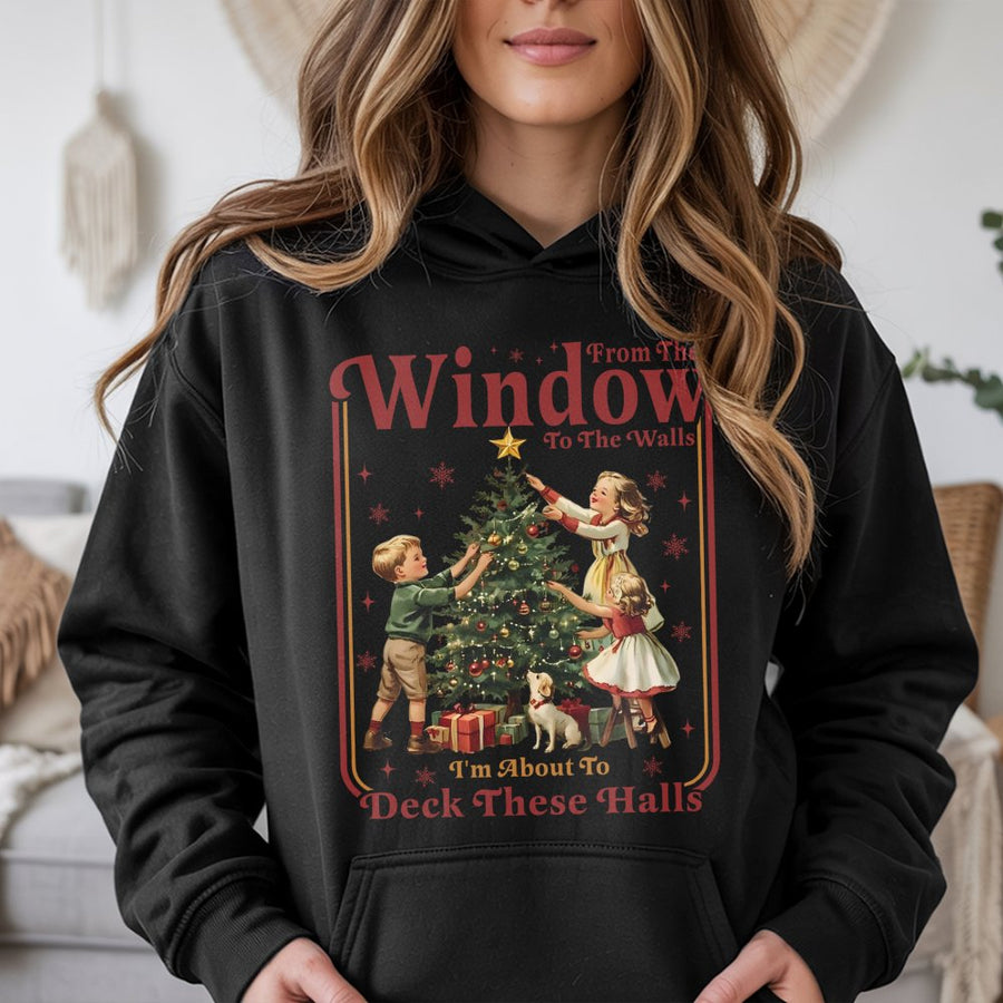 Funny Christmas Hoodie | Deck The Halls Retro Graphic | Premium Cotton Blend Sweatshirt | Holiday Gift For Friends And Family