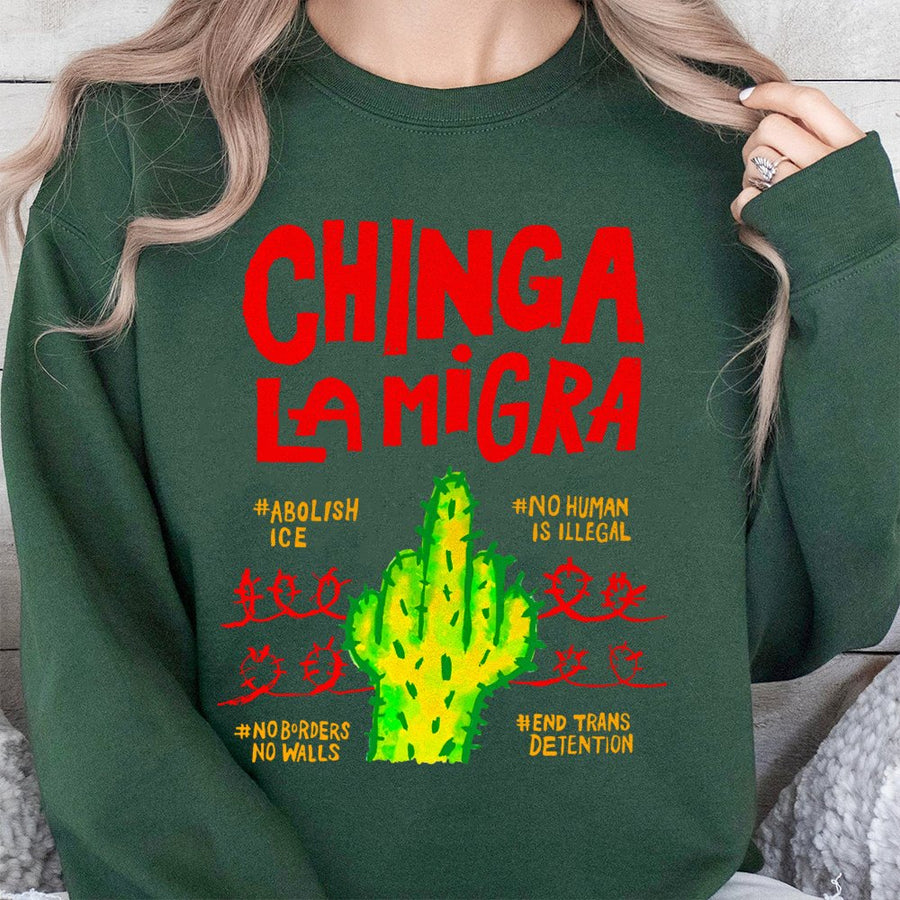 Chinga La Migra Sweatshirt | Activist Cactus Middle Finger Design | Premium Cotton Blend | Social Justice Protest Gift For Adults