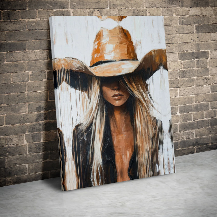 Western Cowgirl Wall Art | Moody Abstract Portrait Print | Premium Gallery Wrapped Canvas | Rustic Living Room Decor Gift