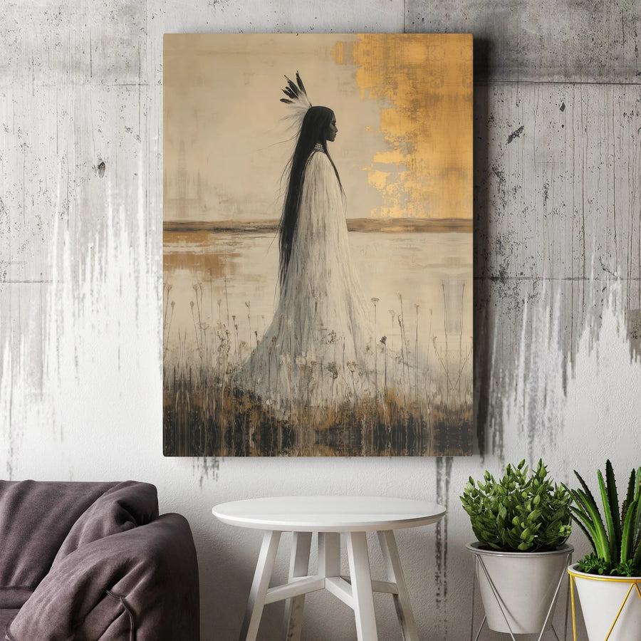 Native American Woman Wall Art | Abstract Gold Foil Canvas Print | Premium Gallery Wrapped Decor | Spiritual Southwestern Home Gift