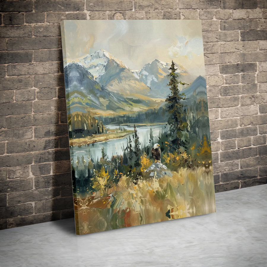 Mountain Eagle Canvas Wall Art | Rustic Landscape Painting Style Print | Premium 1.25" Thick Canvas | Gift for Nature Lover, Cabin Decor