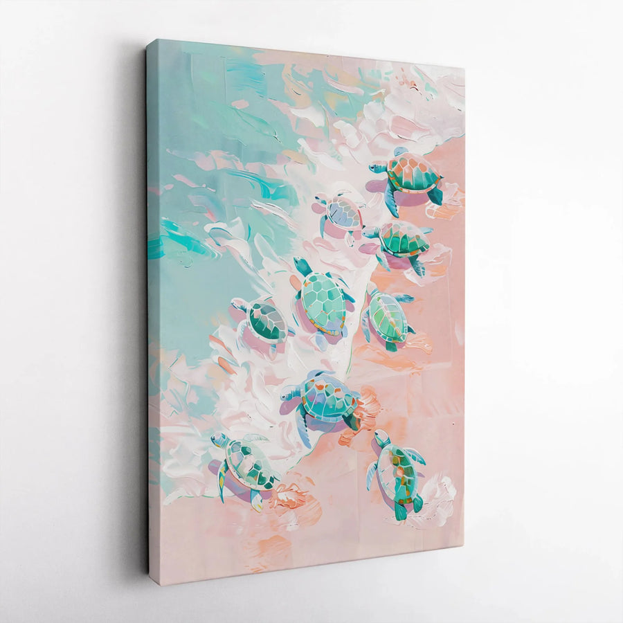 Baby Sea Turtles Canvas Wall Art | Pastel Ocean Beach Painting | Premium Gallery Wrapped Decor | Coastal Nursery Gift Idea