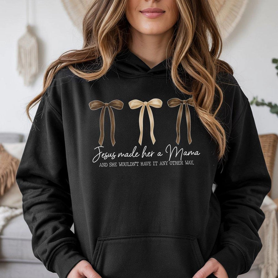 Jesus Made Her A Mama Hoodie | Christian Mom Aesthetic Bow Graphic | Premium Soft Cotton Blend | Religious Gift for Mothers and New Moms