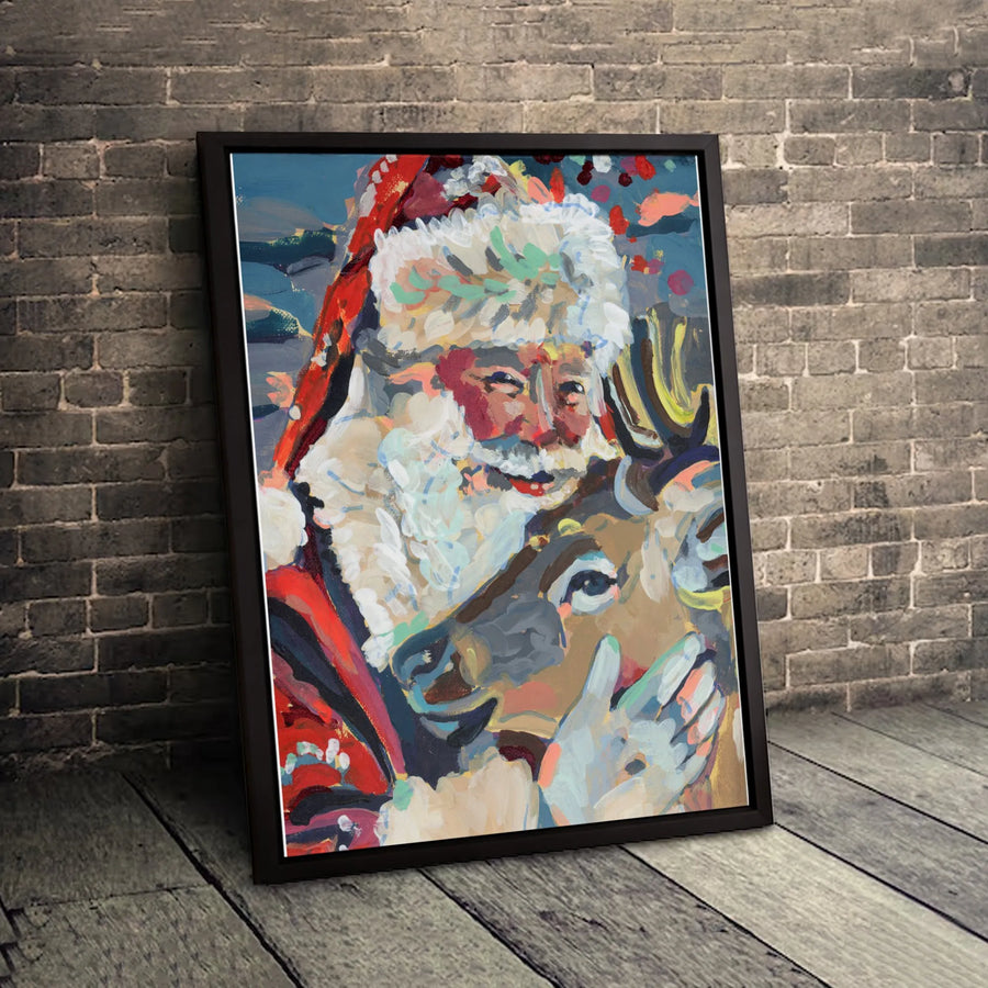 Santa Claus Reindeer Canvas Wall Art | Abstract Holiday Painting | Gallery Wrapped Premium Decor | Festive Christmas Gift for Home