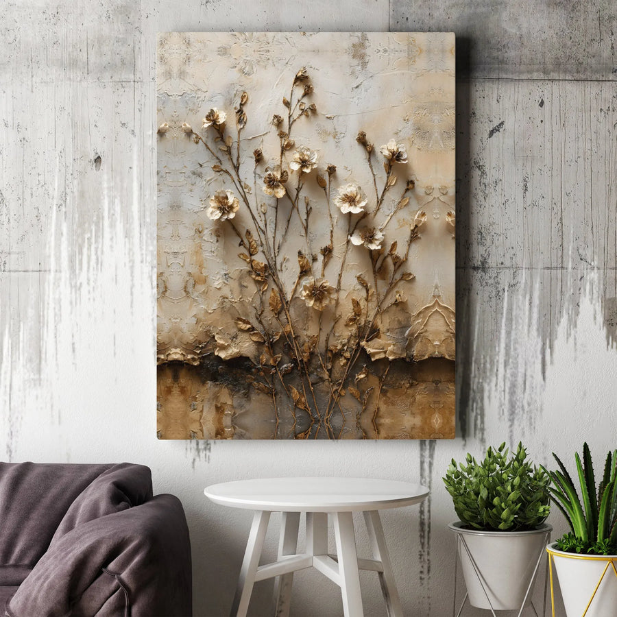 Abstract Gold Floral Canvas Wall Art | Textured 3D Botanical Print | Premium Gallery Wrapped Decor | Modern Minimalist Living Room Home Gift