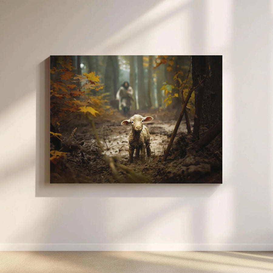 Jesus The Good Shepherd Canvas | Lost Lamb In Forest Wall Art | Premium Gallery Wrap Print | Christian Home Decor Gift