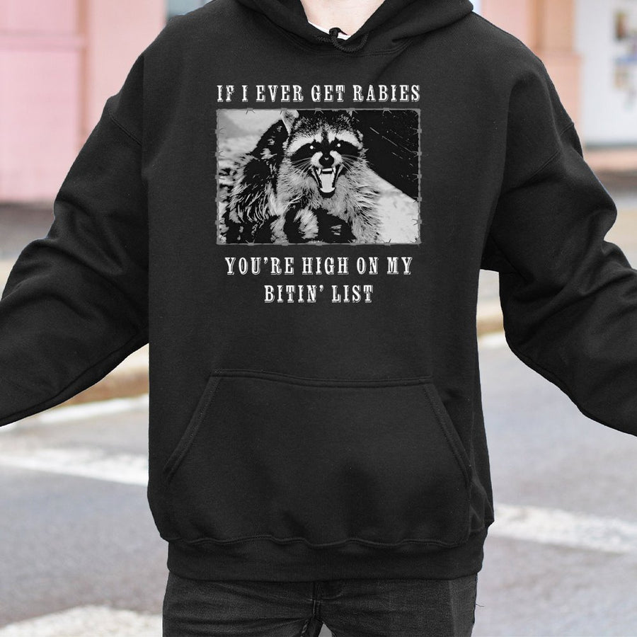 Raccoon Hoodie | Funny Rabies Bitin' List Graphic Print | Premium Cotton-Poly Blend | Unisex Gift for Wildlife Lovers